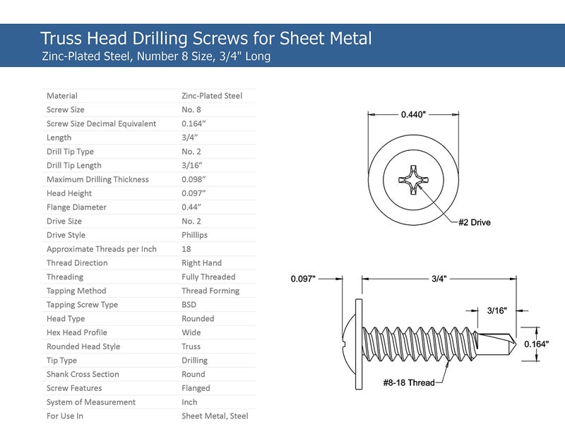 Strong-Point #8 x 3/4" Phillips Modified Truss Head Self-Drilling Tek Screw, Zinc-Plated Steel for Sheet Metal Attaches Wire Lath to Metal Studs - Pack of 100 - Image 1
